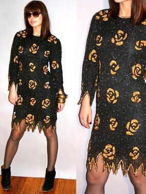 Vintage 80s/90s Y2K Black Gold Sheer SILK Sequin Beads Party Trophy Dress S Goth